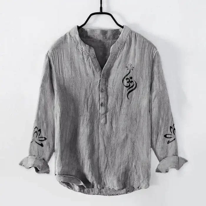 Buddha Stones Half Buttons Lotus Om Symbol Printed Pattern Men‘s Cotton Linen Long Sleeve Shirt