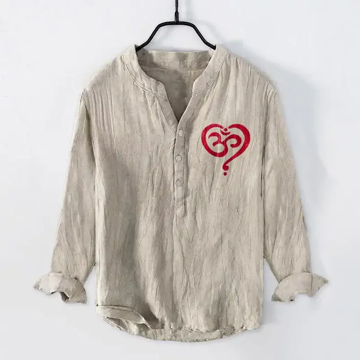 Buddha Stones Heart-shaped OM Symbol Pattern Half Buttons Men‘s Cotton Linen Long Sleeve Shirt