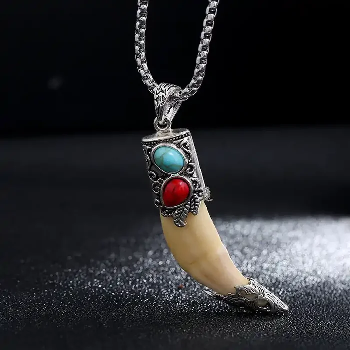 Buddha Stones Imitation Wolf Tooth Titanium Steel Balance Necklace Pendant