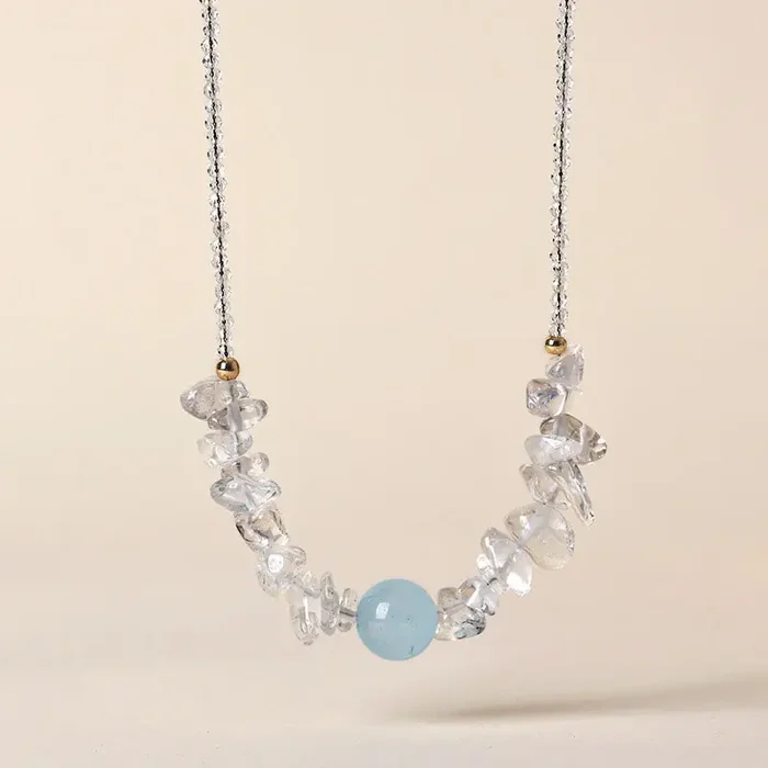 Buddha Stones Irregular White Crystal Aquamarine Bead Healing Necklace Pendant