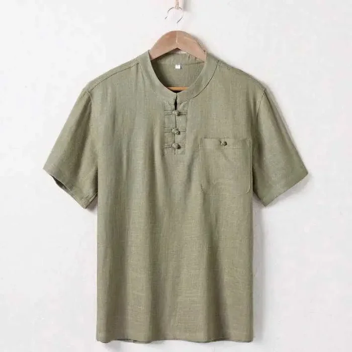 Buddha Stones Loose Men‘s Shirt Solid Color Notched Neck Top Short Sleeve Comfy Button Breathable Cotton Linen Shirt