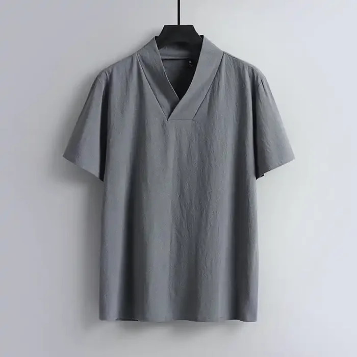 Buddha Stones Loose Men‘s T-Shirt Solid Color Top Short Sleeve V Collar Breathable Linen Shirt