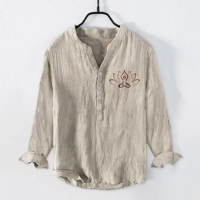 Buddha Stones Lotus Meditating Figure Pattern Half Buttons Men‘s Cotton Linen Long Sleeve Shirt