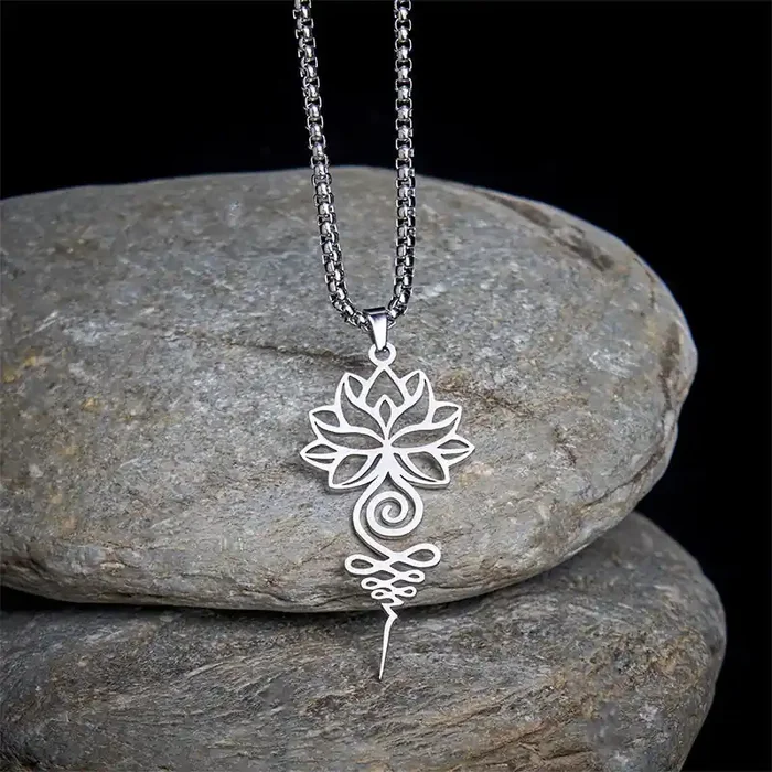 Buddha Stones Lotus Unalome Chakra Symbol Design Stainless Steel Enlightenment Necklace Pendant