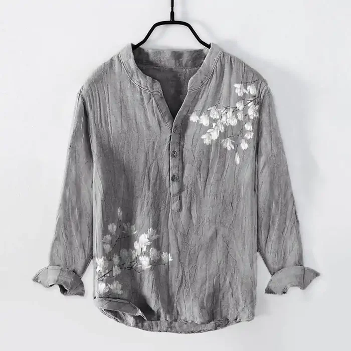 Buddha Stones Magnolia Flowers Branches Pattern Half Buttons Men‘s Cotton Linen Long Sleeve Shirt