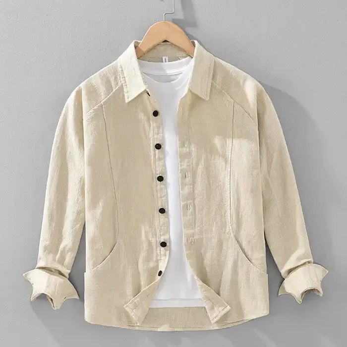 Buddha Stones Men‘s Fall Plain Ramie Cotton Long Sleeve Lapel Shirt With Pockets