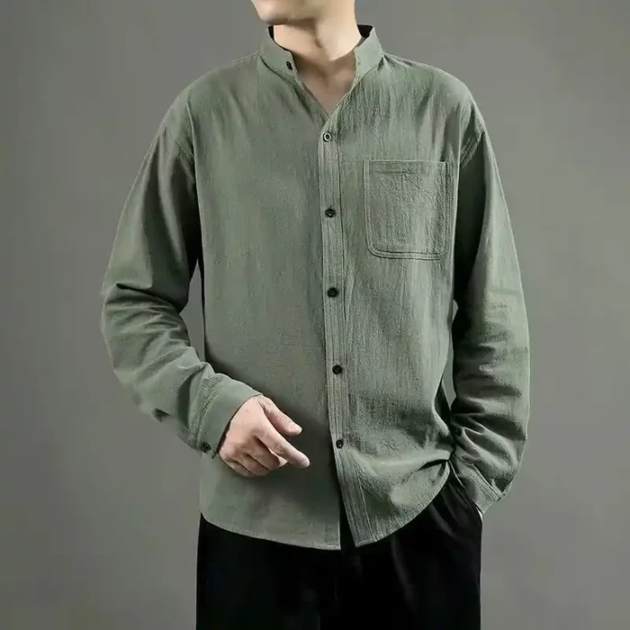 Buddha Stones Men‘s Long Sleeve Shirt With Pocket Stand Collar Comfort Linen Shirt