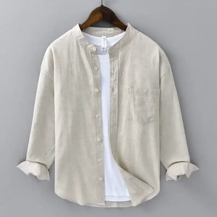 Buddha Stones Men‘s Long Sleeve Stand Collar With Pocket Pure Color Casual Cotton Linen Shirt