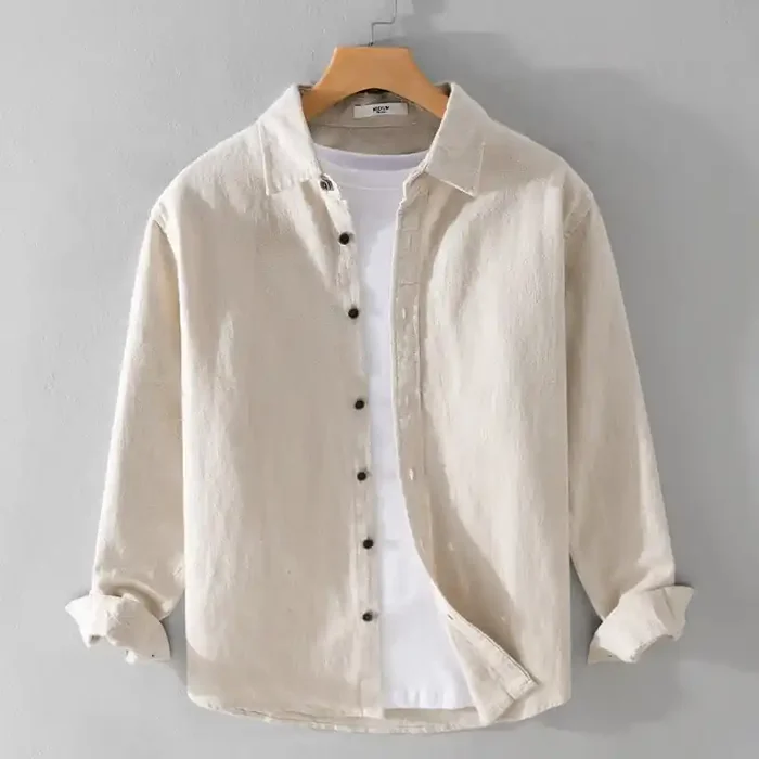 Buddha Stones Men‘s Pure Color Lapel Buttons Simple Design Ramie Cotton Long Sleeve Shirt