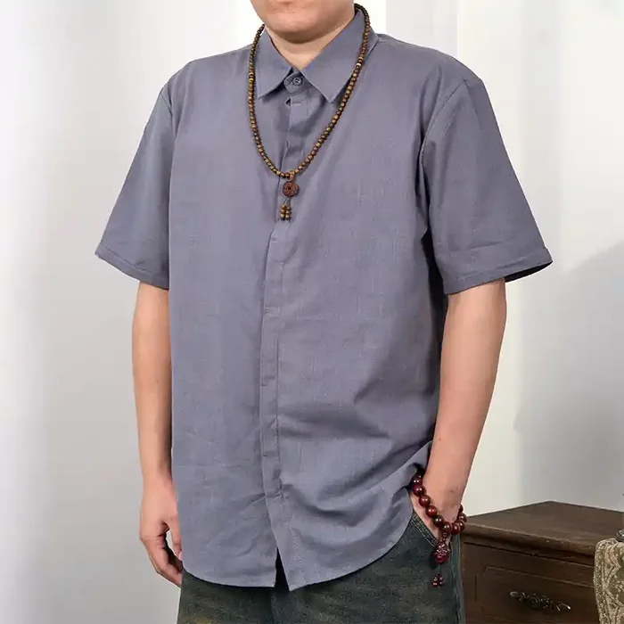 Buddha Stones Men‘s Short Sleeve Button Casual Cotton Linen Shirt