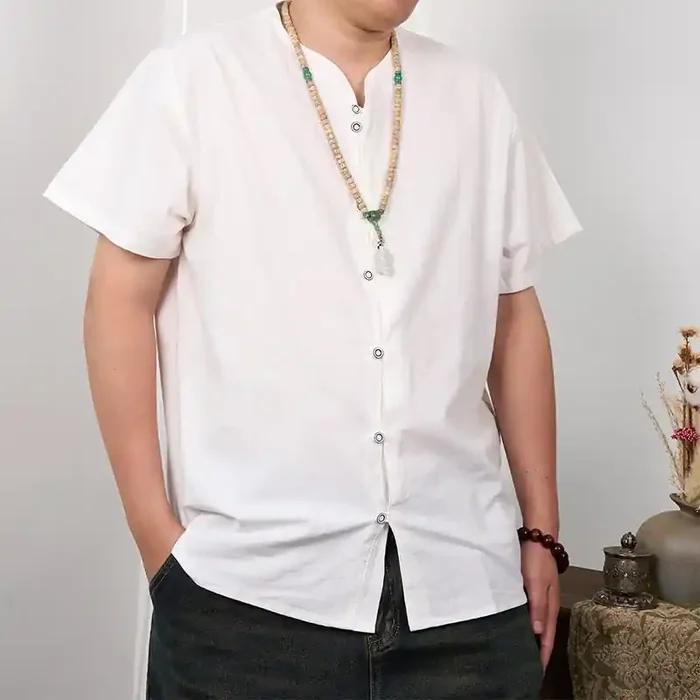 Buddha Stones Men‘s Short Sleeve Button Down Cotton Linen Shirt