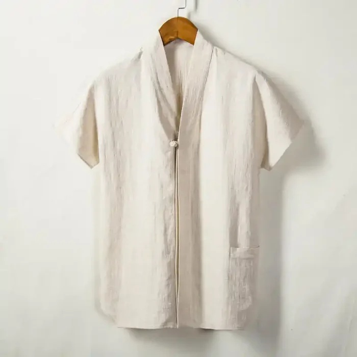 Buddha Stones Men‘s Short Sleeve Shirt With Pocket V Neck Cardigan Comfort Cotton Linen Shirt