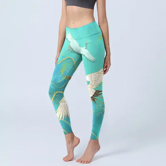 Buddha Stones Mint Green Mountain Crane Print Fitness Leggings Women‘s Yoga Pants