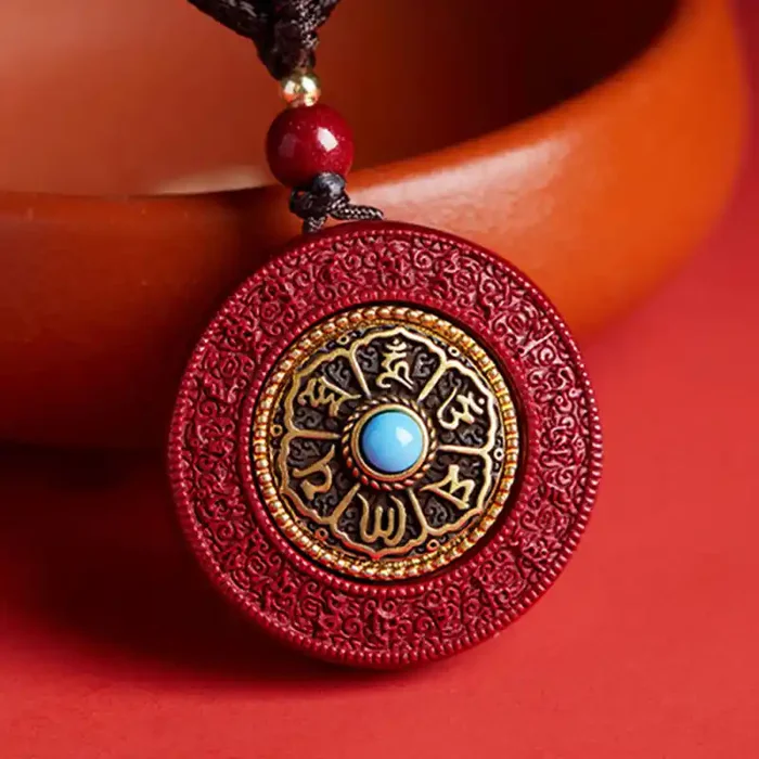 Buddha Stones Natural Cinnabar Om Mani Padme Hum Rotatable Scripture Yin Yang Pattern Blessing Necklace String Pendant