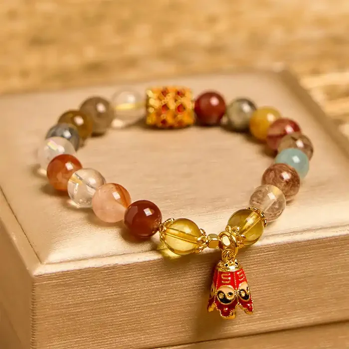 Buddha Stones Natural Colorful Rutilated Quartz Yin Yang Protection Bracelet