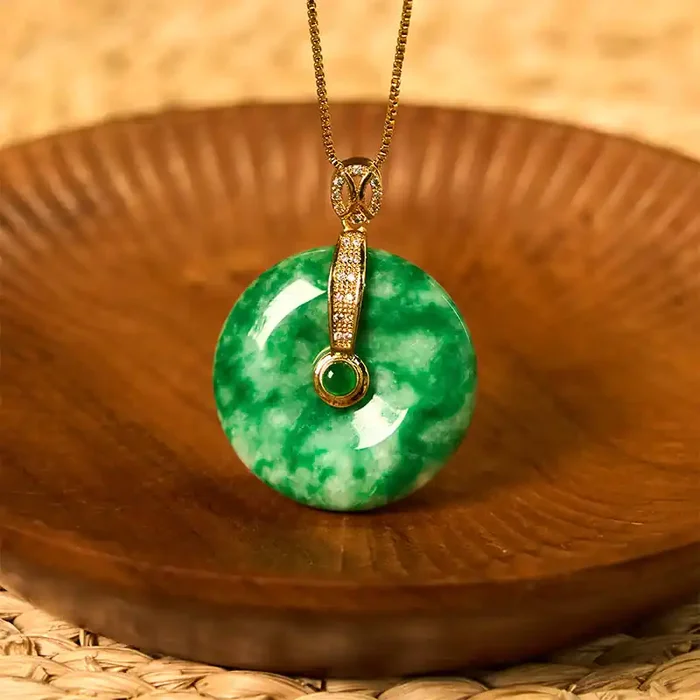 Buddha Stones Natural Cyan Jade Peace Buckle Healing Necklace Pendant