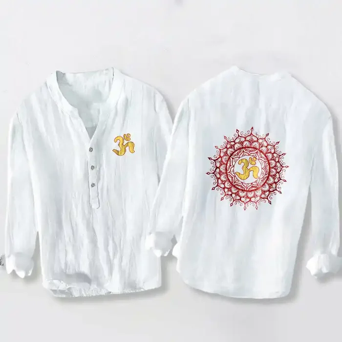 Buddha Stones OM Symbol Mandala Pattern Half Buttons Men‘s Cotton Linen Long Sleeve Shirt