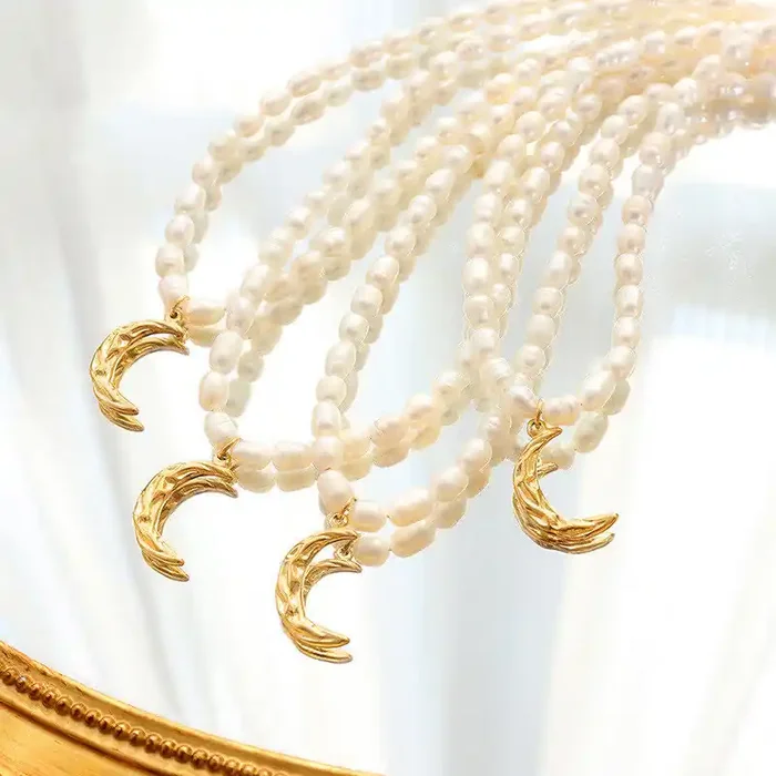 Buddha Stones Pearl Crescent Moon Calm Necklace Pendant