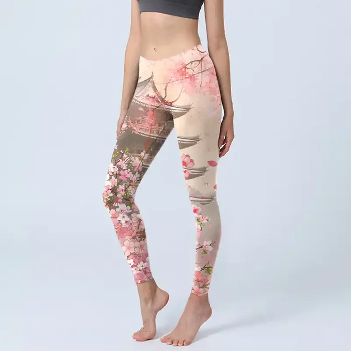 Buddha Stones Pink Sakura Antique Building Print Fitness Leggings Women‘s Yoga Pants