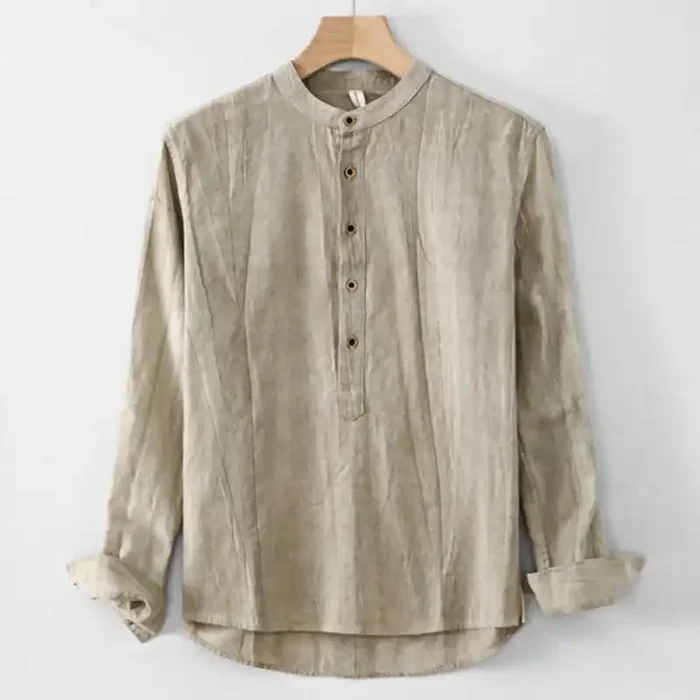 Buddha Stones Plain Pleats Half Buttons Design Stand Collar Men‘s Long Sleeve Cotton Linen Shirt