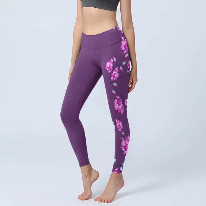 Buddha Stones Purple Pink Lotus Flower Print Gym Leggings Women‘s Yoga Pants