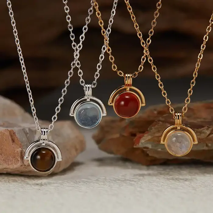 Buddha Stones Red Agate Tiger Eye Aquamarine Moonstone 925 Sterling Silver Confidence Necklace Pendant