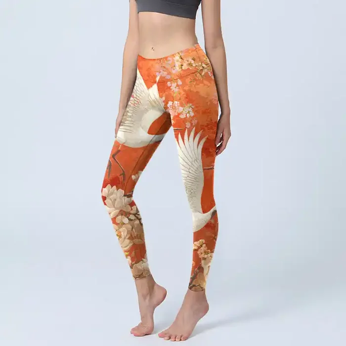 Buddha Stones Red-Crowned Crane Cherry Blossom Lotus Flower Pattern Print Gym Leggings Women‘s Yoga Pants