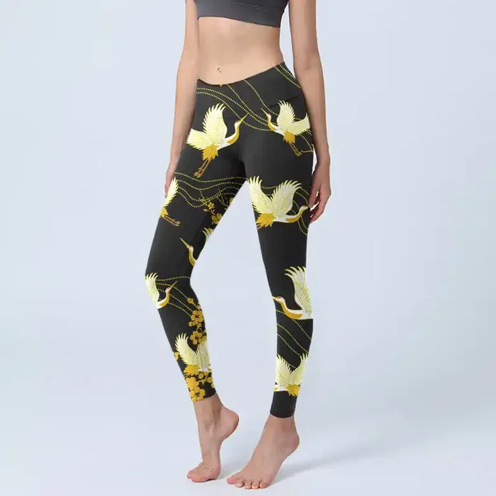 Buddha Stones Red-crowned Cranes Golden Flowers Line Pattern Print Gym Leggings Women‘s Yoga Pants