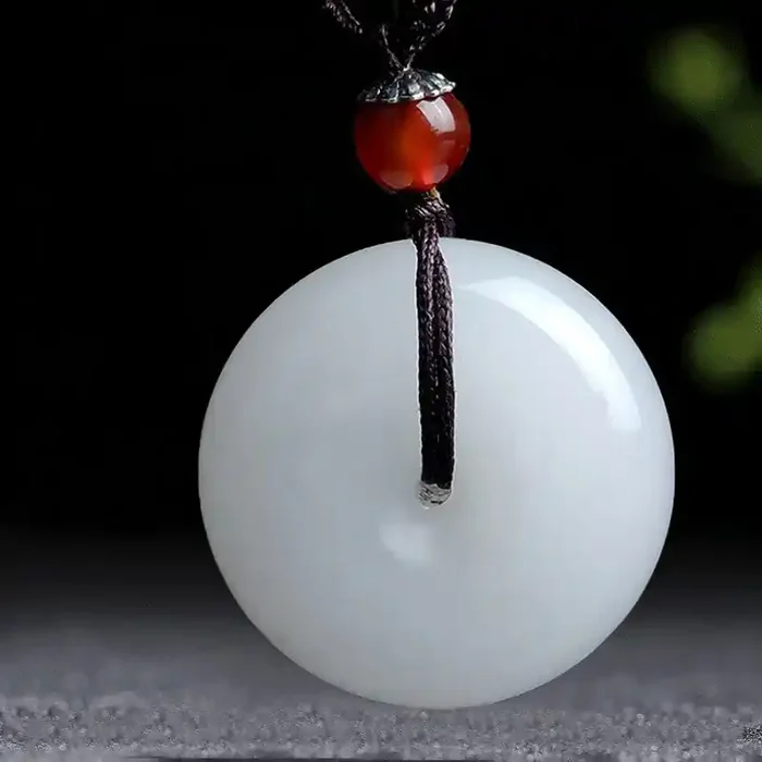 Buddha Stones Round Hetian White Jade Peace Buckle Blessing Necklace Pendant