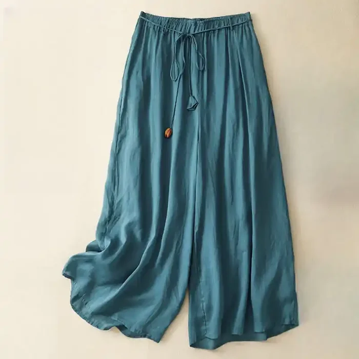 Buddha Stones Simple Design Drawstring Cotton Women‘s Wide Leg Pants With Pockets