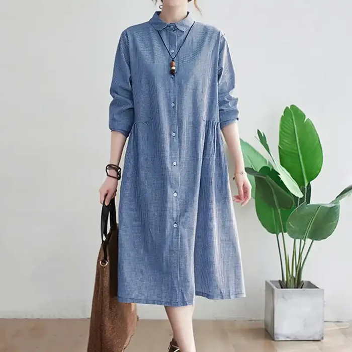Buddha Stones Small Grid Pattern Cotton Linen Women‘s Midi Dress With Pockets