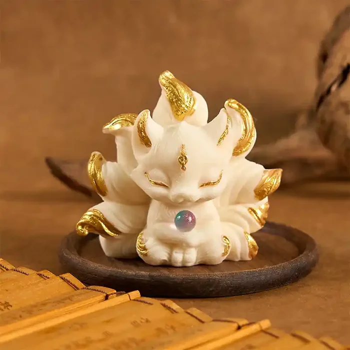 Buddha Stones Small Nine Tailed Fox Carved Ivory Fruit Support Home Decoration