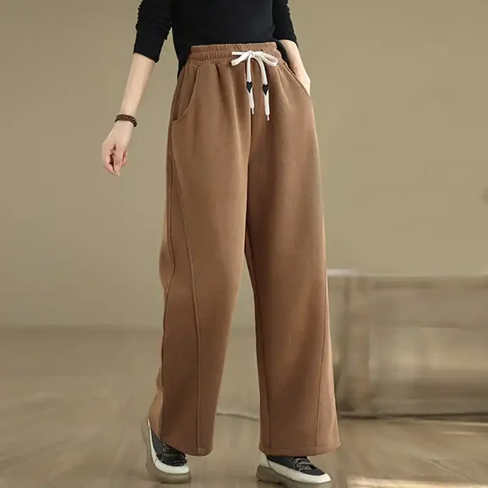 Buddha Stones Solid Color Drawstring Cotton Women‘s Wide Leg Pants With Pockets