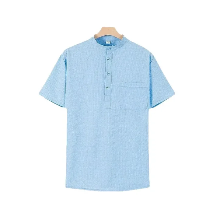 Buddha Stones Solid Color Polo Plaid Half Buttons Men‘s Short Sleeve Shirt
