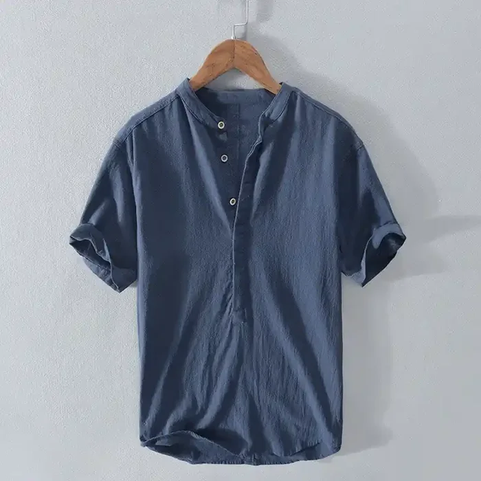 Buddha Stones Solid Color Short Sleeve Half Button Shirt Cotton Linen Men Clothing