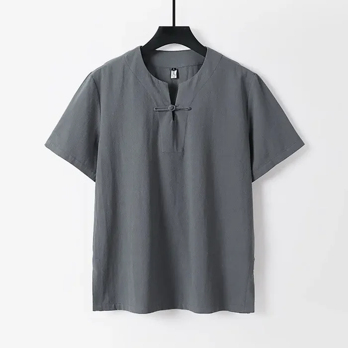 Buddha Stones Solid Color Short Sleeve One Frog Button Cotton Linen Men‘s Shirt