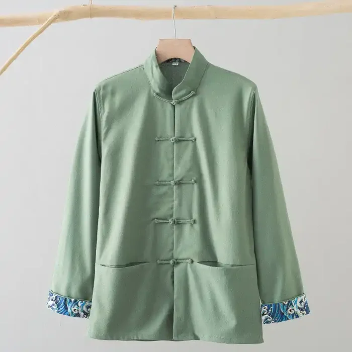 Buddha Stones Solid Embroidered Waves Long Sleeve Frog-Button Cotton Linen Men‘s Shirt