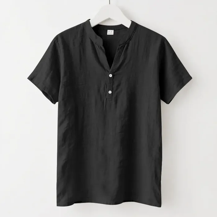 Buddha Stones Solid Summer Short Sleeve Half Buttons Linen Men‘s Shirt