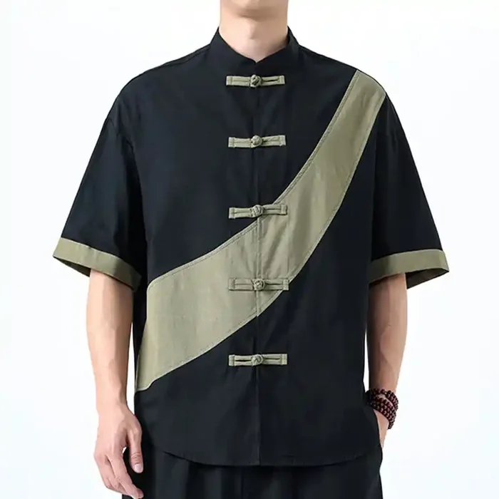 Buddha Stones Spring Color Contrast Chinese Frog-Button Design Men‘s Half Sleeve Cotton Linen Shirt