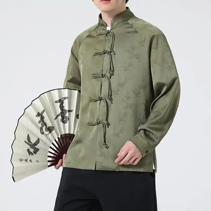 Buddha Stones Spring Jacquard Bamboo Leaves Pattern Chinese Frog-Button Design Men‘s Long Sleeve Shirt
