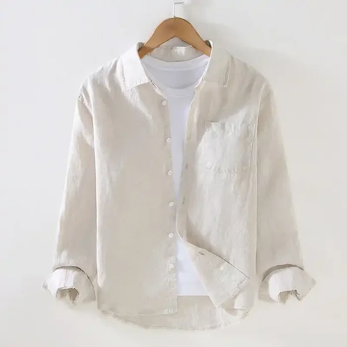Buddha Stones Spring Men‘s Casual Pure Color Linen Long Sleeve Shirt With Pocket