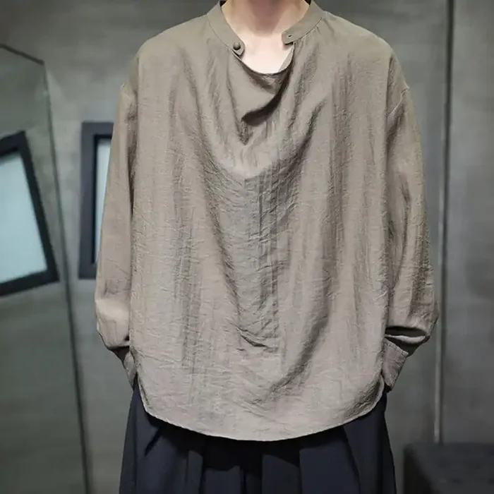 Buddha Stones Spring Solid Color Pleated Stand Collar Design Tang Suit Men‘s Long Sleeve Linen Shirt