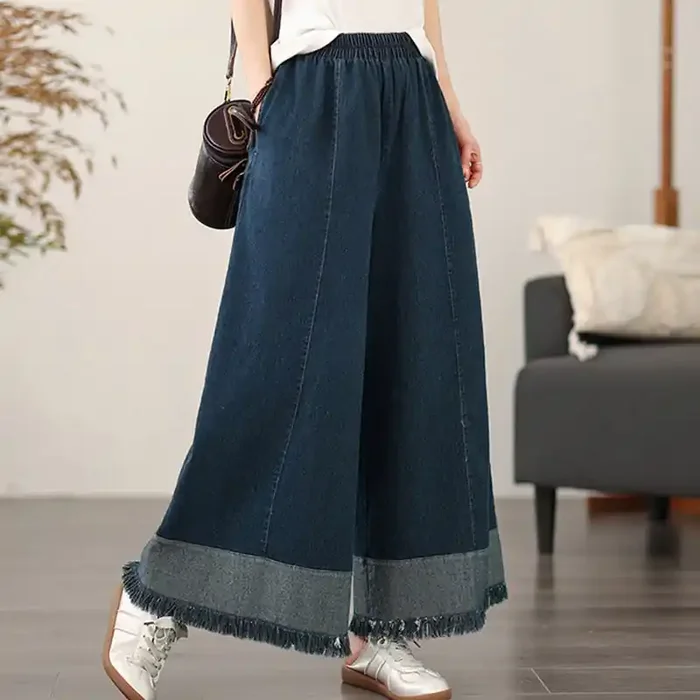 Buddha Stones Spring Vintage Distressed Tassel Design Women‘s Wide Leg Pants With Pockets