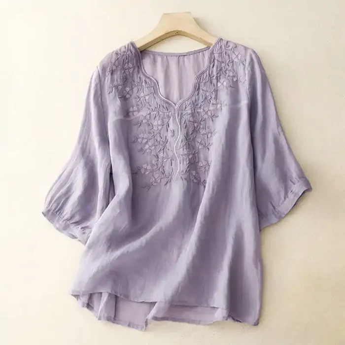 Buddha Stones Summer Casual Embroidered Flowers Women‘s V-neck Design Half Sleeve Acrylic T-shirt