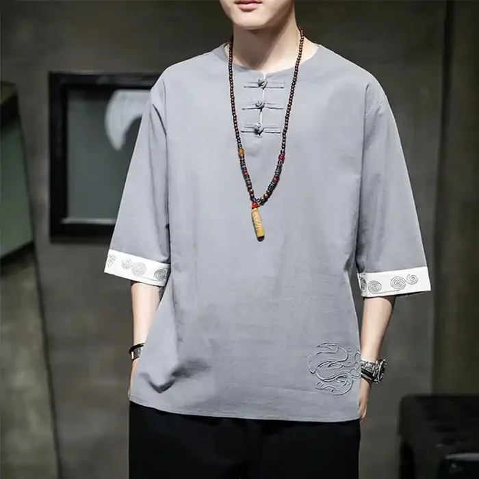 Buddha Stones Summer Embroidery Plain Frog-Button Men‘s Crew Neck Half Sleeve Cotton Linen Shirt Clothing