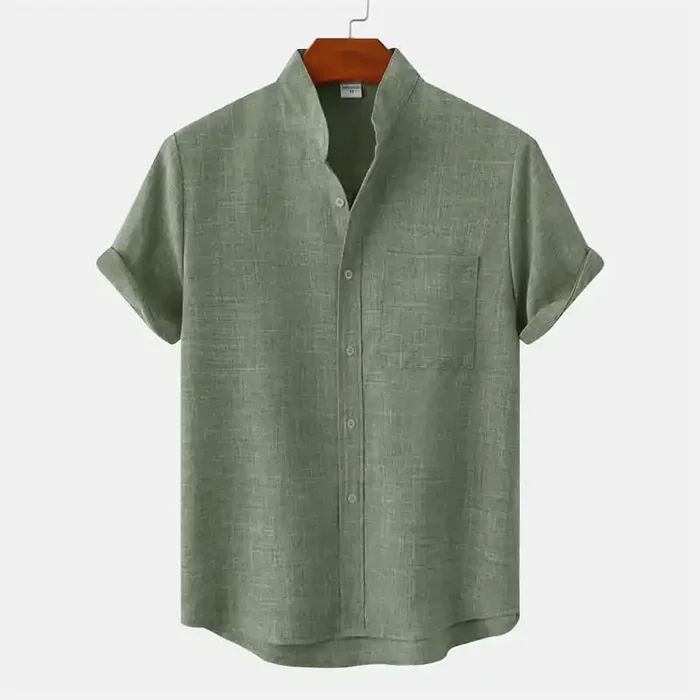 Buddha Stones Summer Men‘s Button Plain Short Sleeve Cotton Shirt With Pocket