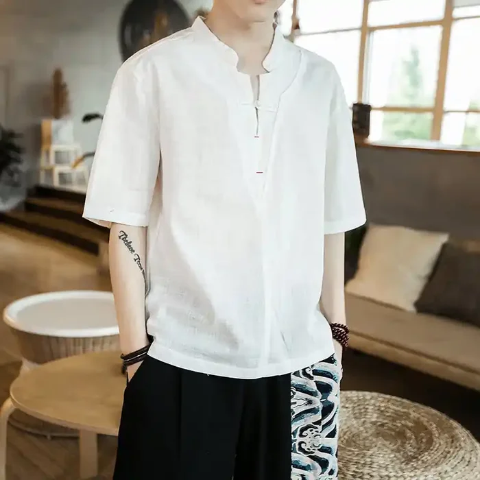 Buddha Stones Summer Plain Color Frog-Button Notched Neck Men‘s Half Sleeve Cotton Shirt
