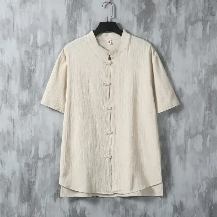 Buddha Stones Summer Plain Tang Suit Frog-Button Design Men‘s Short Sleeve Cotton Shirt