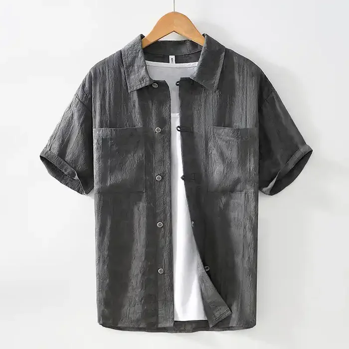 Buddha Stones Summer Short Sleeve Buttons Men‘s Shirt With Two Pockets