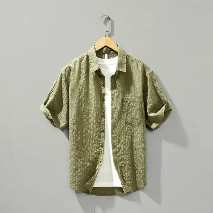 Buddha Stones Summer Solid Breathable Men‘s Buttons Short Sleeve Tencel Shirt